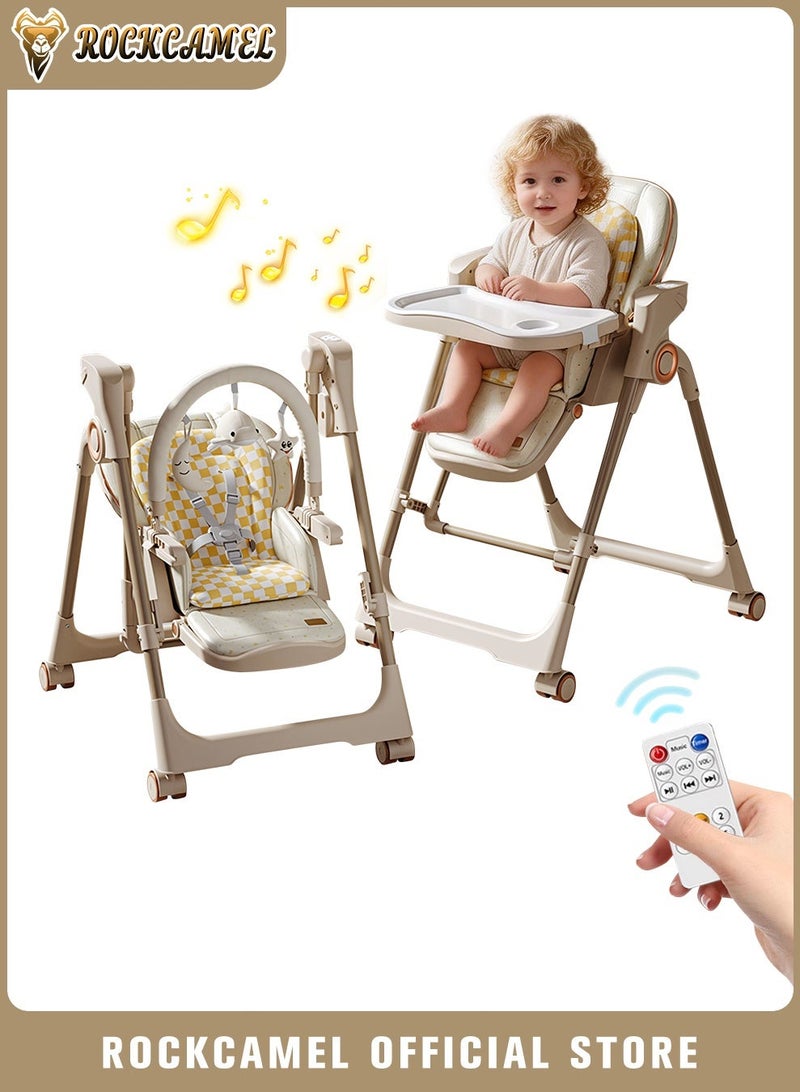 ROCKCAMEL 2-in-1 Electric Baby High Chair & Rocker with Remote Control, 8-Level Rocking Speed & Height Adjustment, Rechargeable Rocking Chair with Wheels, 3-Stage Timer & Music, Foldable Infant Feeding Chair (Khaki) - Image 1